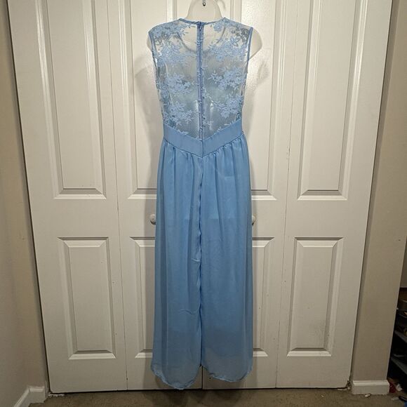 Sleeveless Blue Satin Lace Maxi Dress Womens M Prom Bridesmaid Formal Elegant - Picture 6 of 10